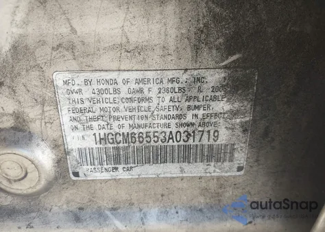 2003 Honda Accord 3.0 Ex z USA, uszkodzony, nr VIN 1HGCM66553A031719